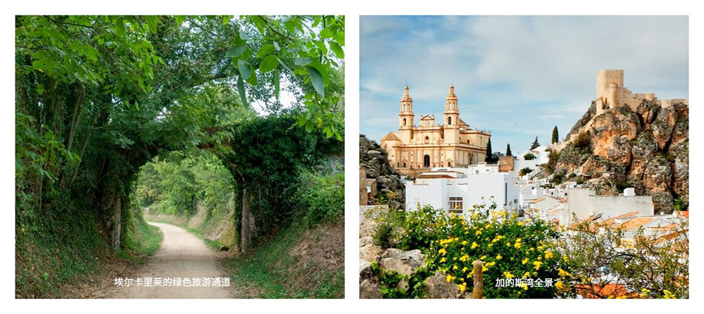 左：埃尔卡里莱的绿色旅游通道； 右：加的斯湾全景