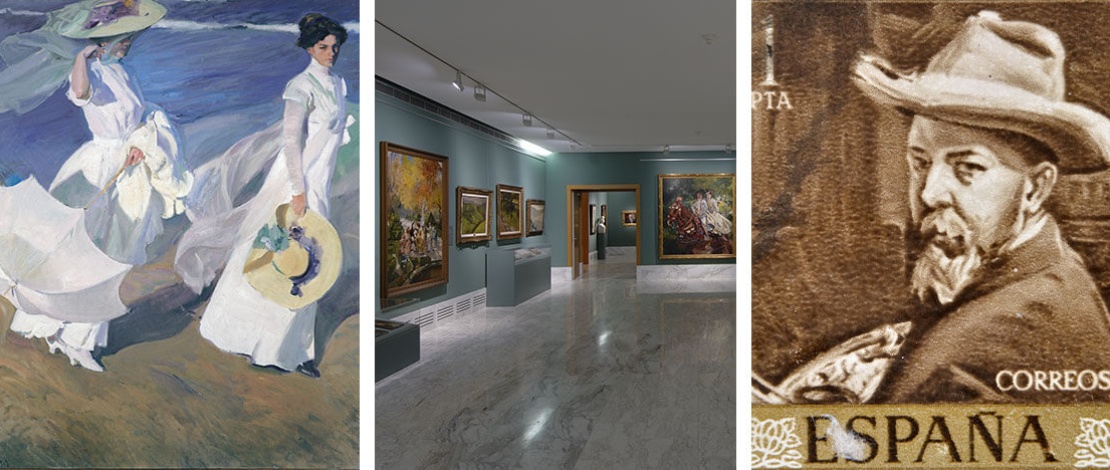 左：索罗拉的画《海边漫步》/中：瓦伦西亚美术馆索罗拉大厅©瓦伦西亚美术馆/右：印有索罗拉自画像的邮票 ©拿弗他利，希尔卡 1964